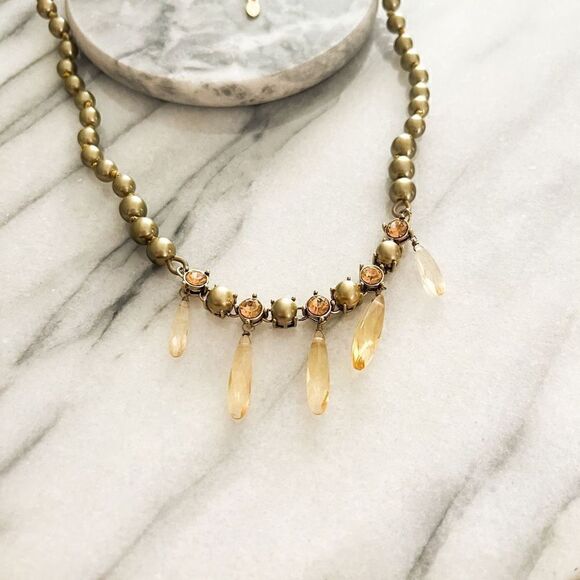 Vintage Monet Green Pearl Necklace Faux Topaz Crystal Accent Dangle Beads Signed - Picture 2 of 8